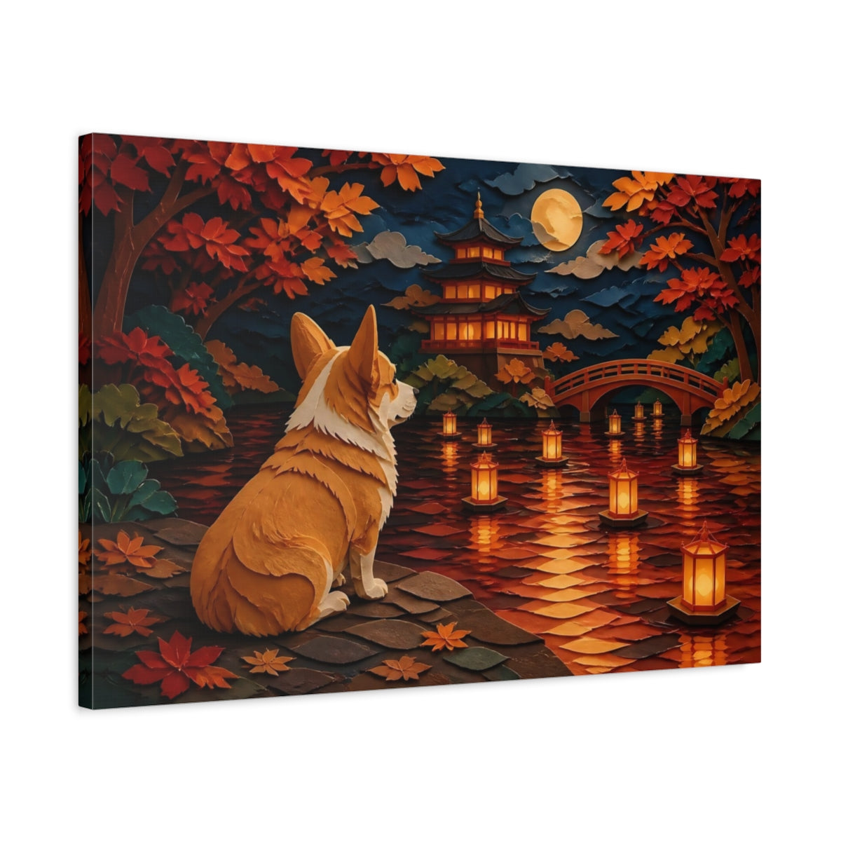 Side Mockup 2. Corgi At Lantern Lake shown as canvas print