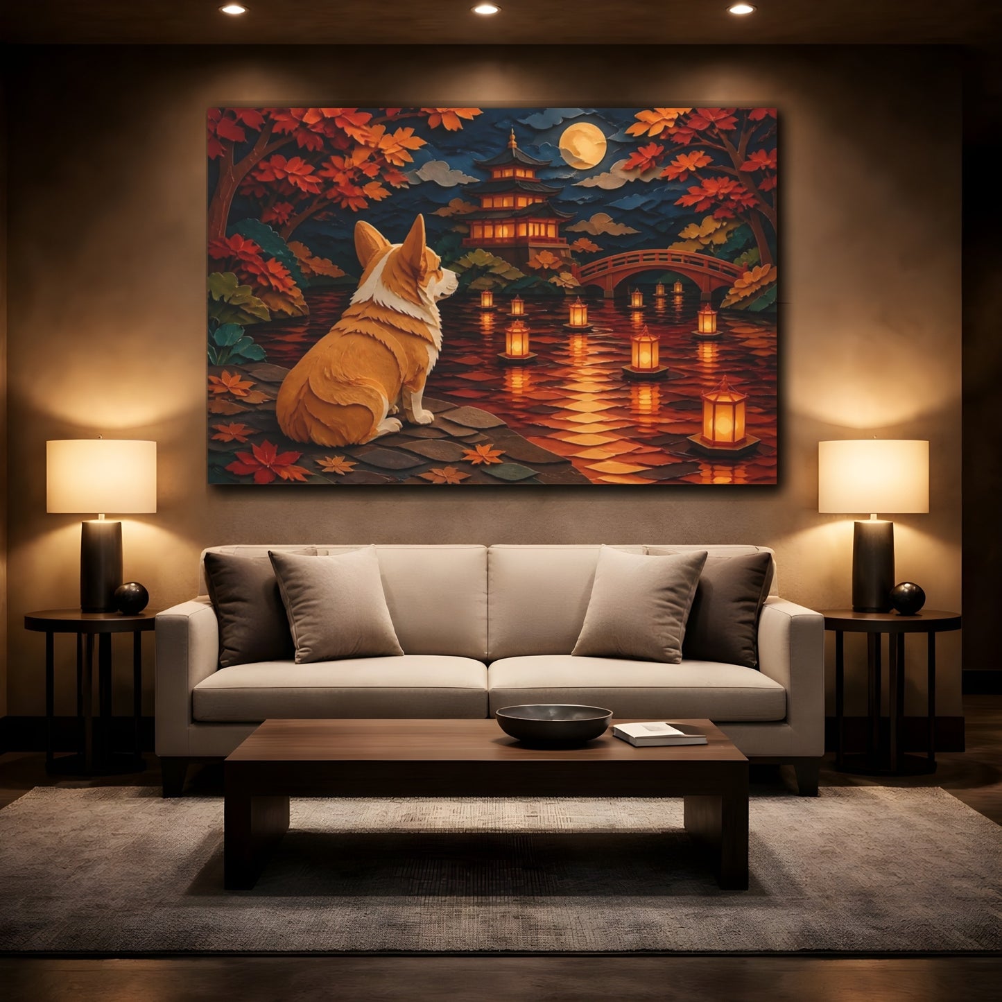 Mockup 2. Corgi At Lantern Lake shown as canvas print