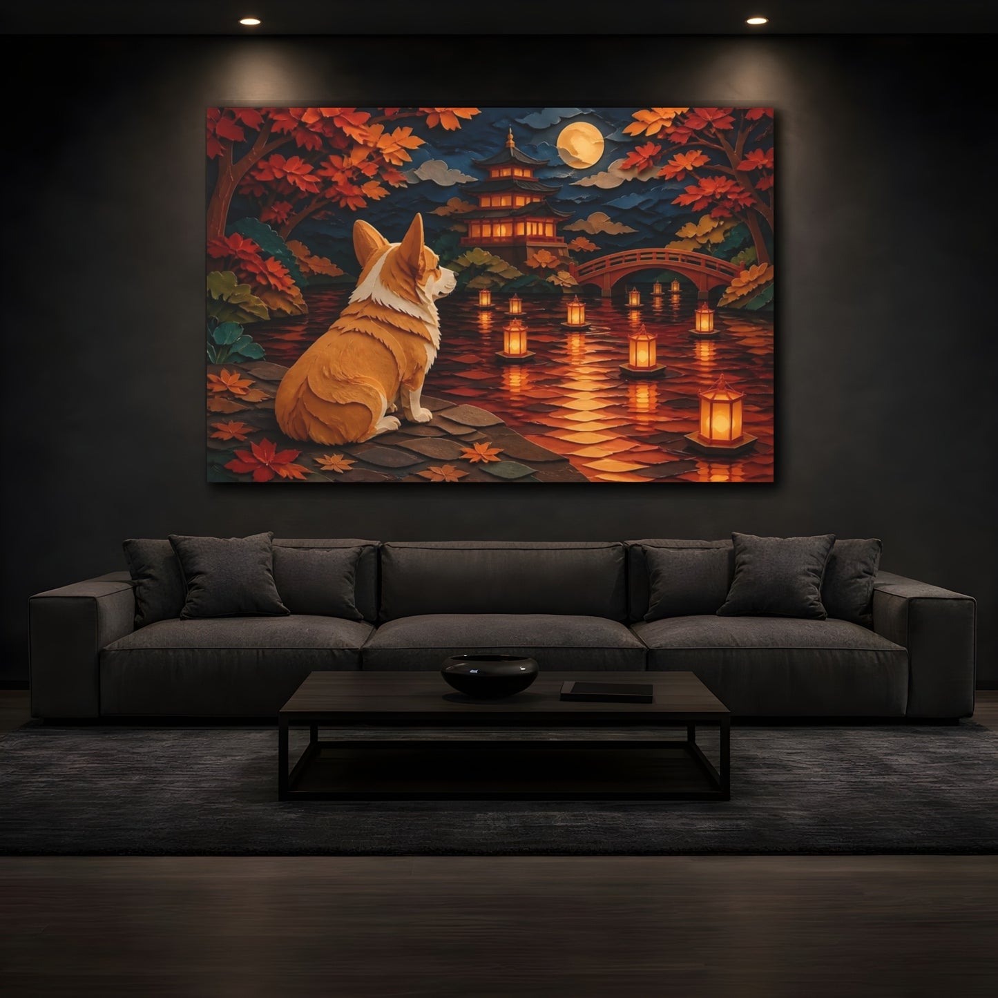 Mockup 3. Corgi At Lantern Lake shown as canvas print