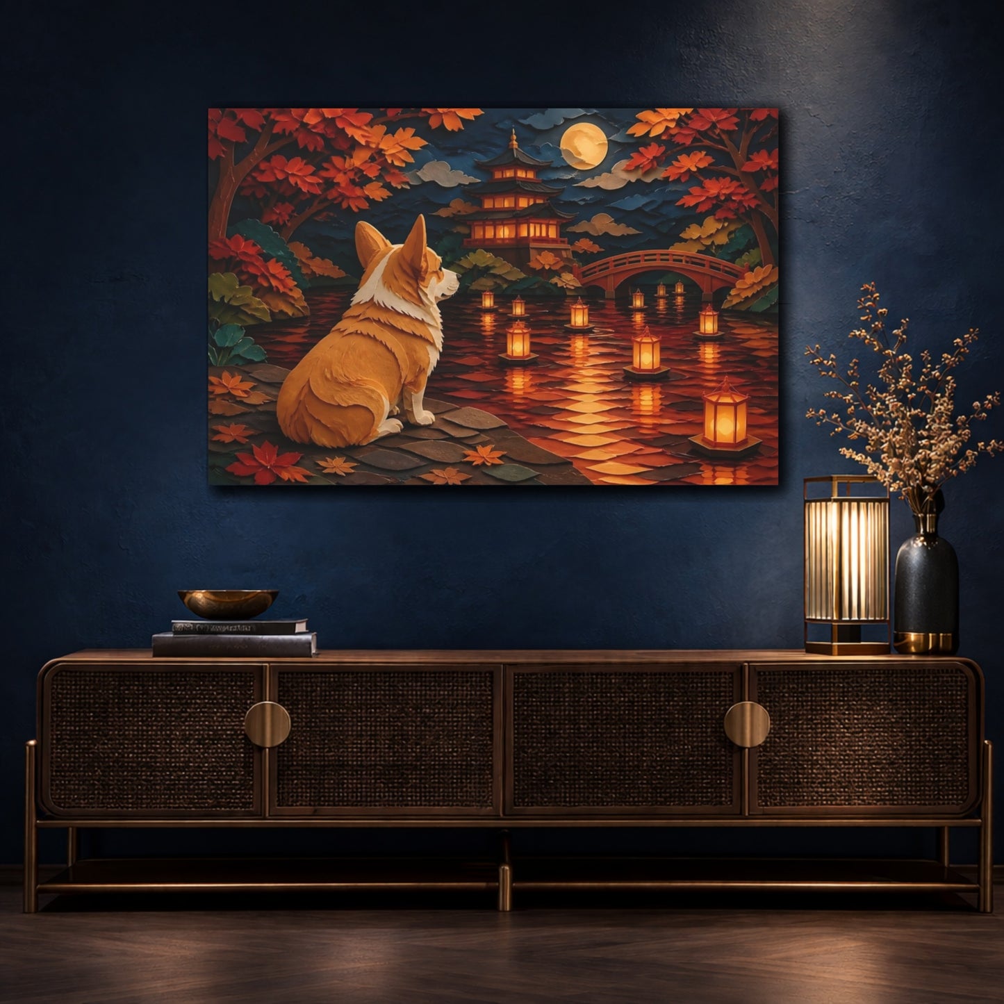 Mockup 4. Corgi At Lantern Lake shown as canvas print