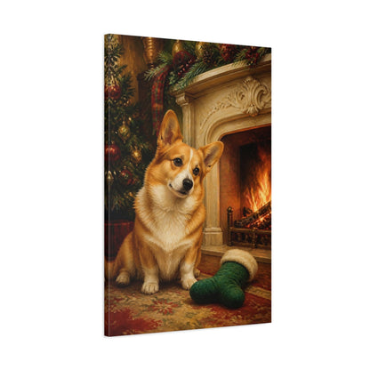 Main Mockup. Corgi Pets By Fireplace shown as canvas print