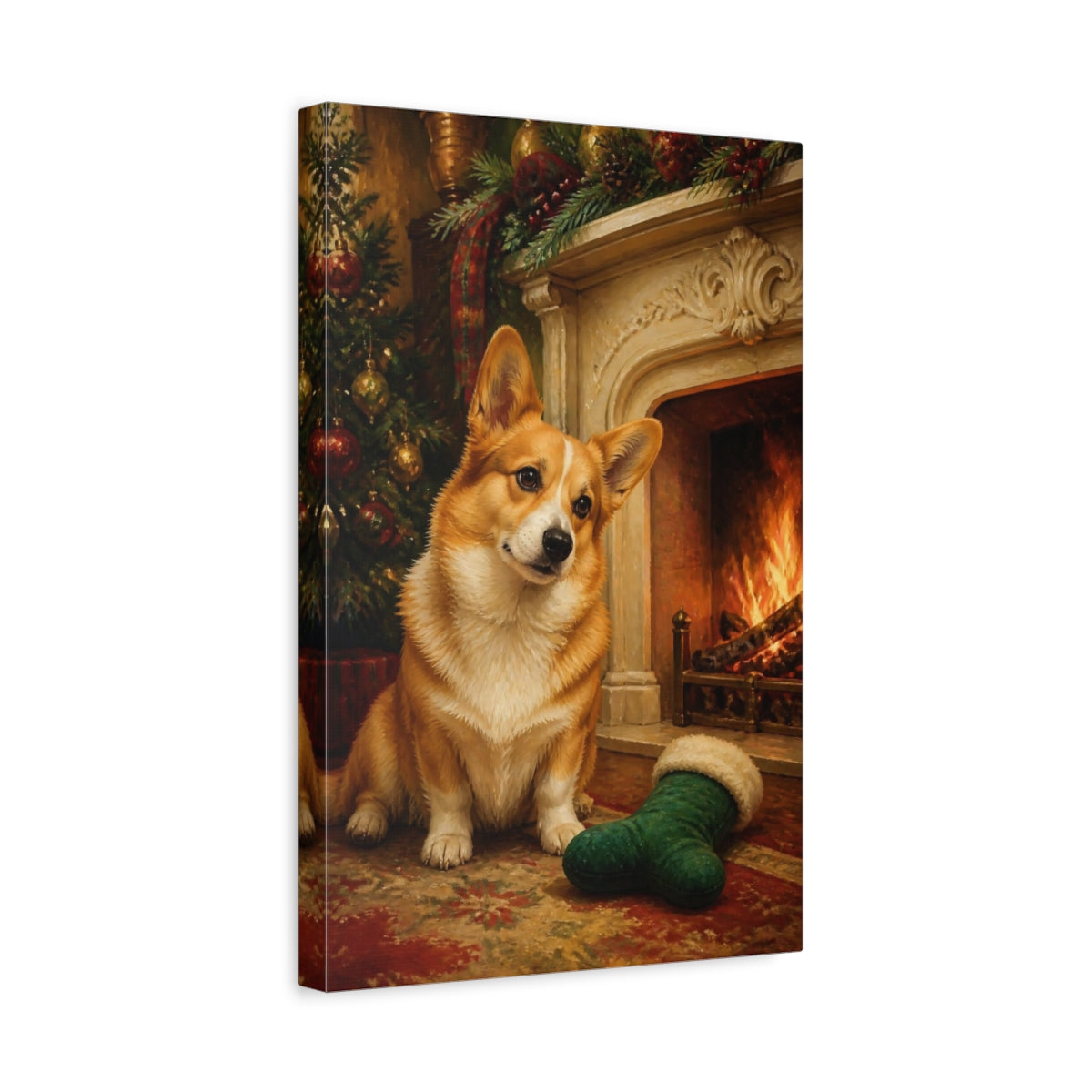 Side Mockup 4. Corgi Pets By Fireplace shown as canvas print