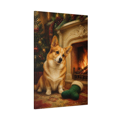 Side Mockup 1. Corgi Pets By Fireplace shown as canvas print