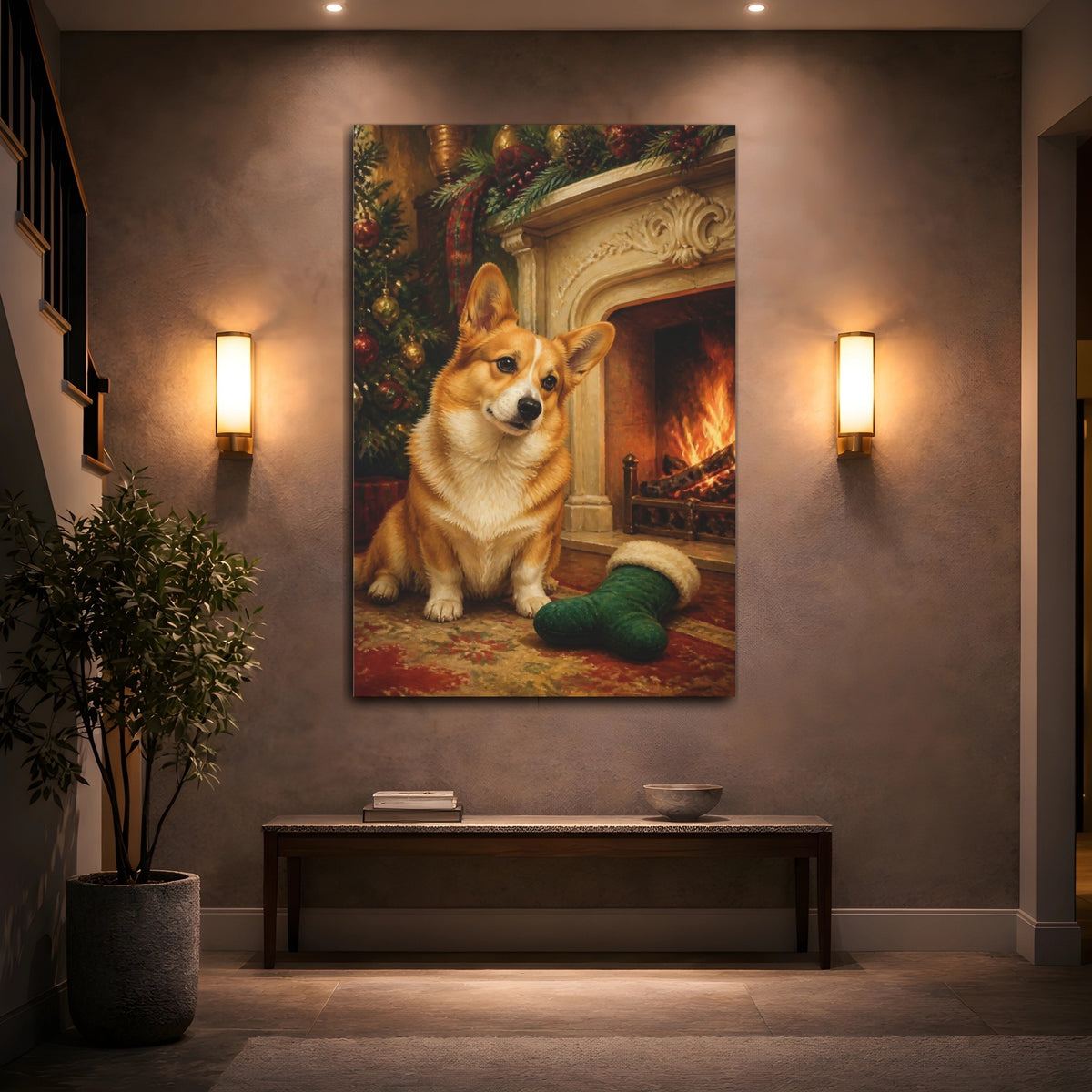 Mockup 2. Corgi Pets By Fireplace shown as canvas print