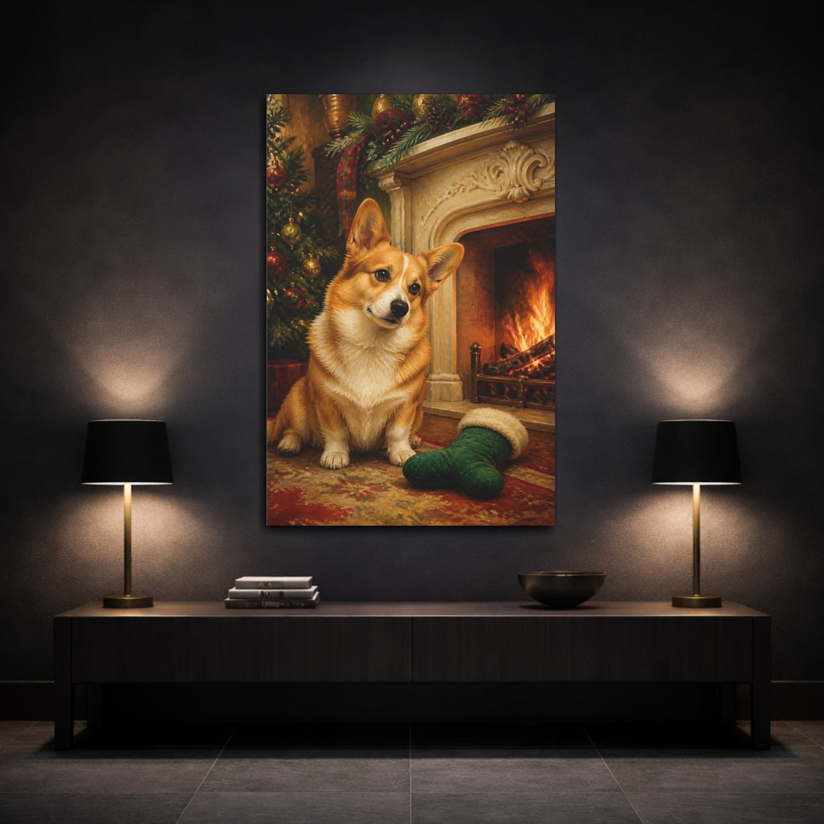 Mockup 3. Corgi Pets By Fireplace shown as canvas print