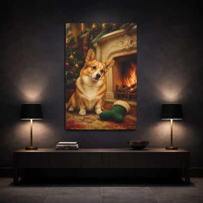 Mockup 3. Corgi Pets By Fireplace shown as canvas print