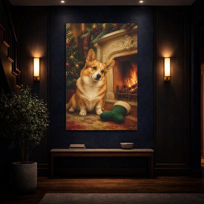 Mockup 4. Corgi Pets By Fireplace shown as canvas print