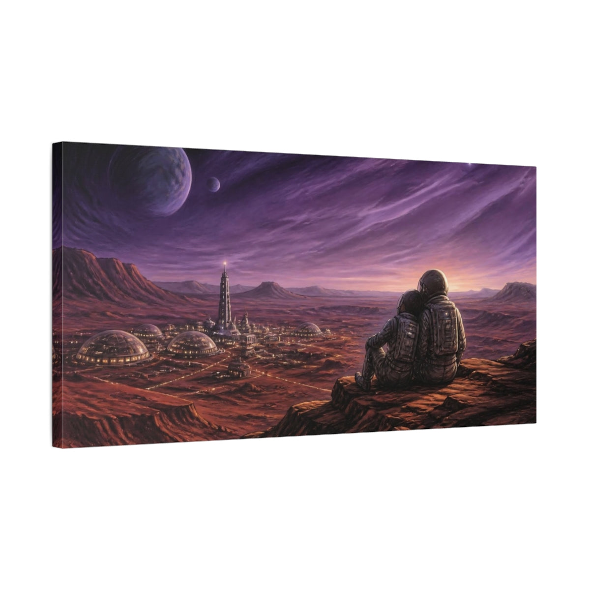 Side Mockup 1. Cosmic Astronauts Over Colony shown as canvas print