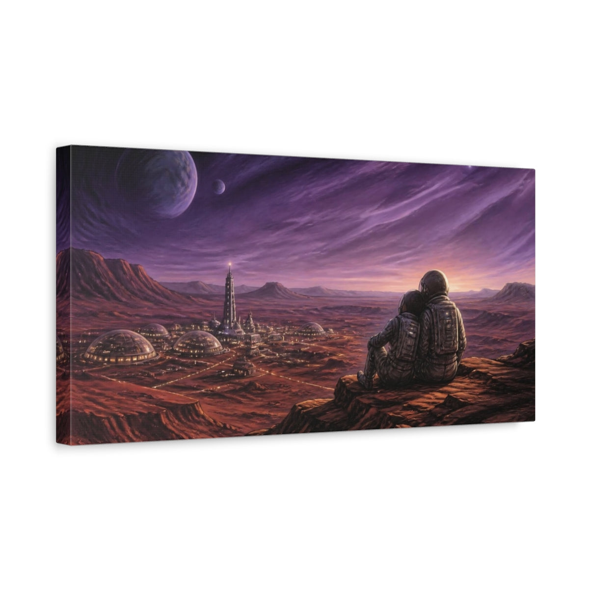 Side Mockup 3. Cosmic Astronauts Over Colony shown as canvas print
