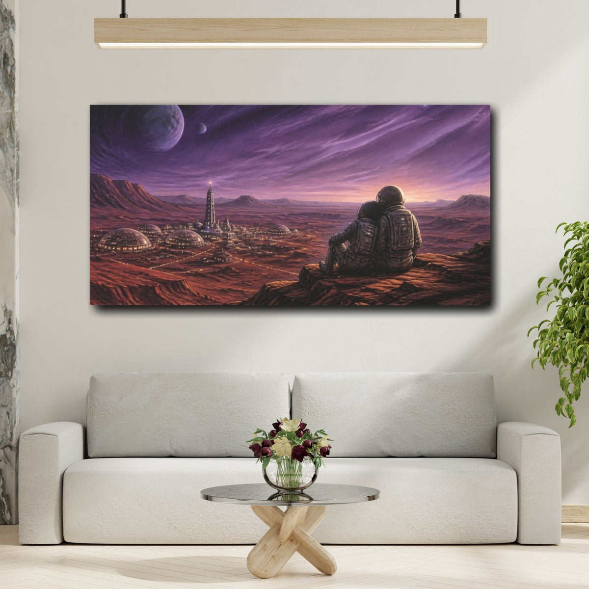 Mockup 2. Cosmic Astronauts Over Colony shown as canvas print