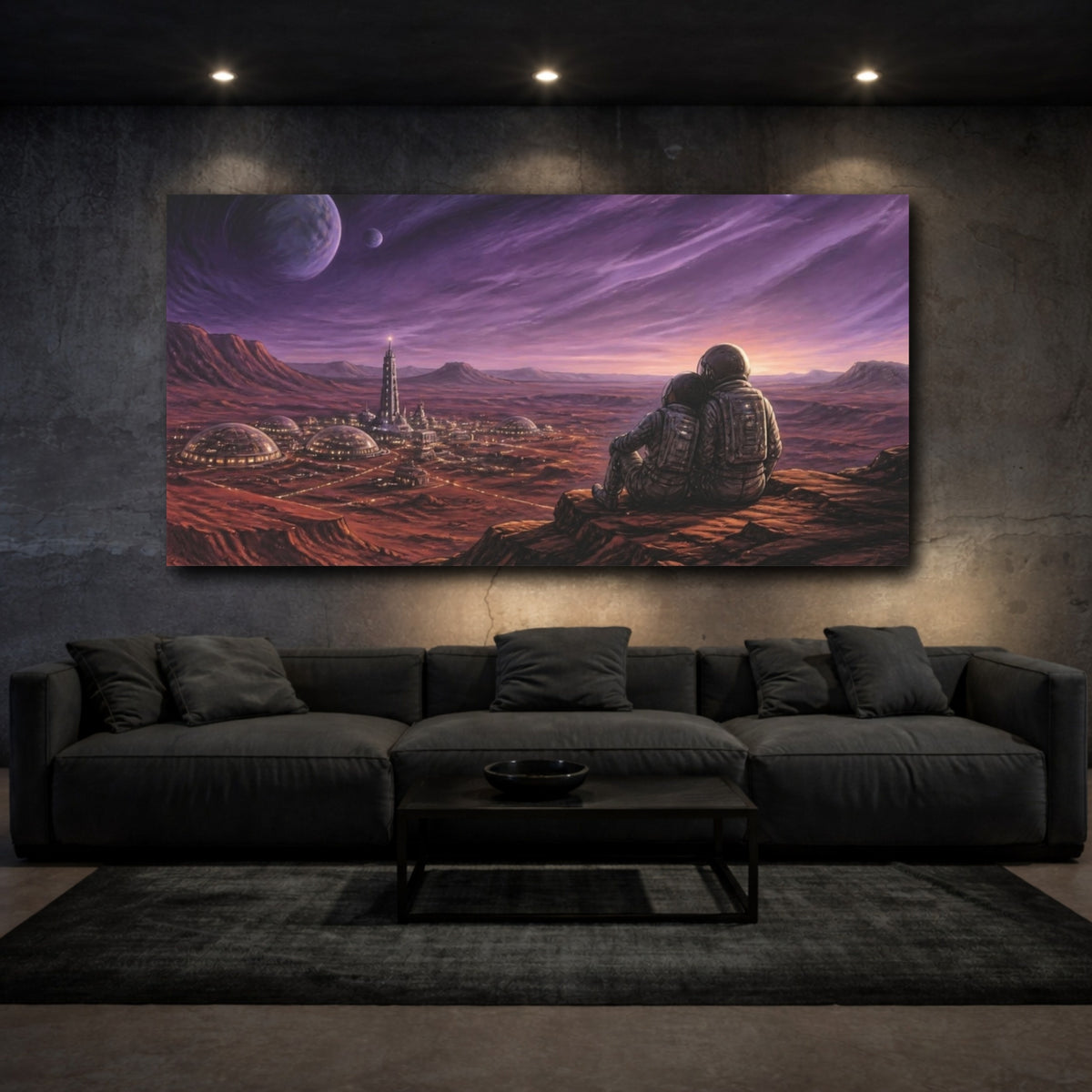 Mockup 3. Cosmic Astronauts Over Colony shown as canvas print