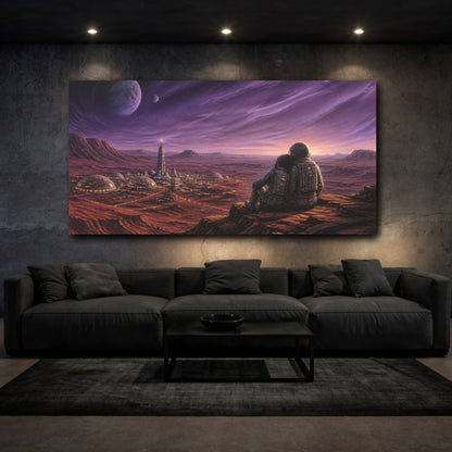Mockup 3. Cosmic Astronauts Over Colony shown as canvas print