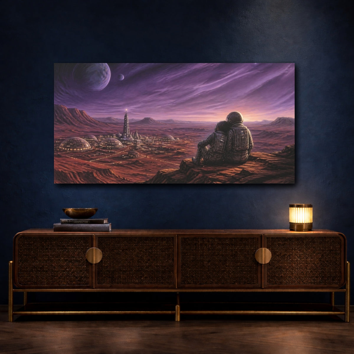 Mockup 4. Cosmic Astronauts Over Colony shown as canvas print