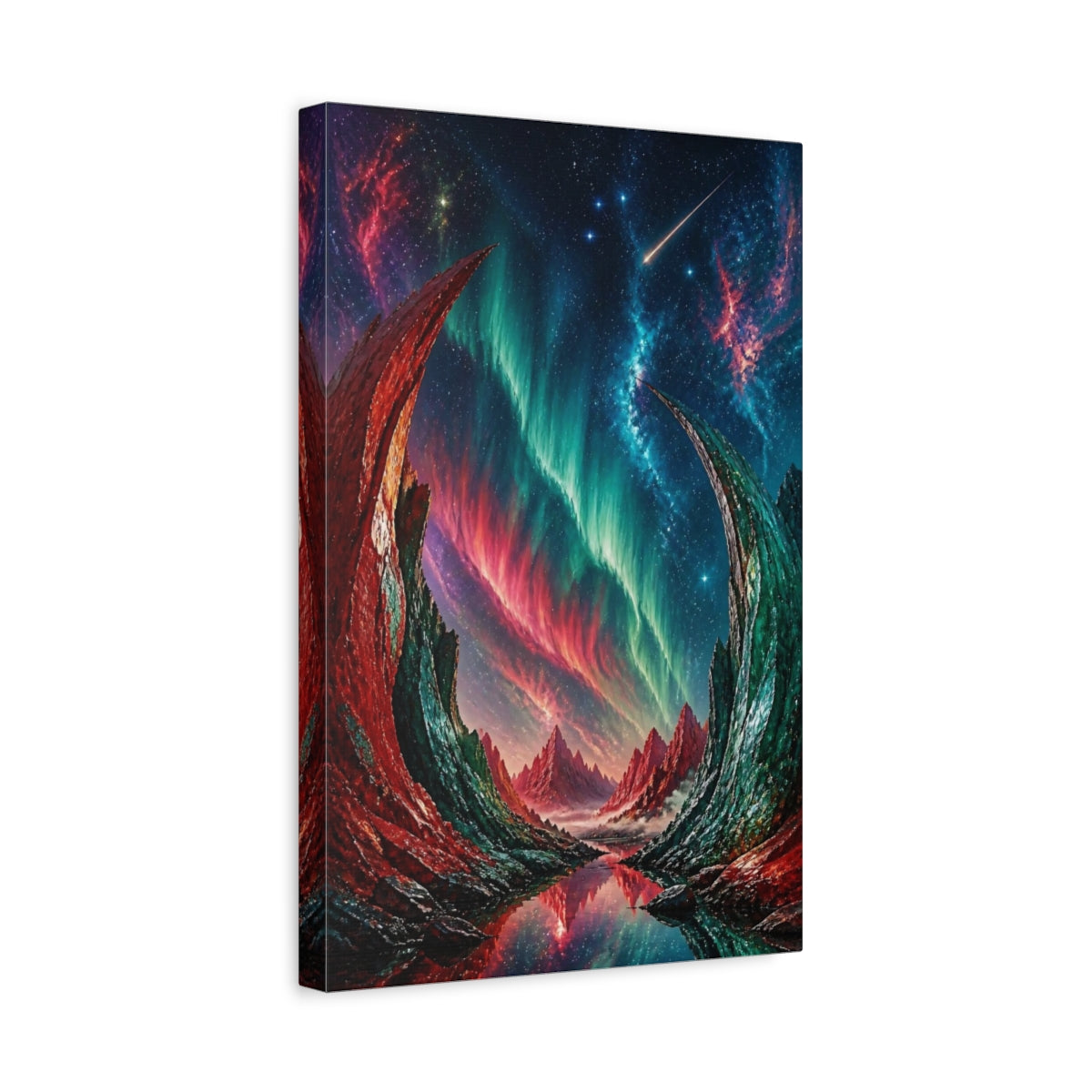 Side Mockup 4. Cosmic Aurora Mountains shown as canvas print