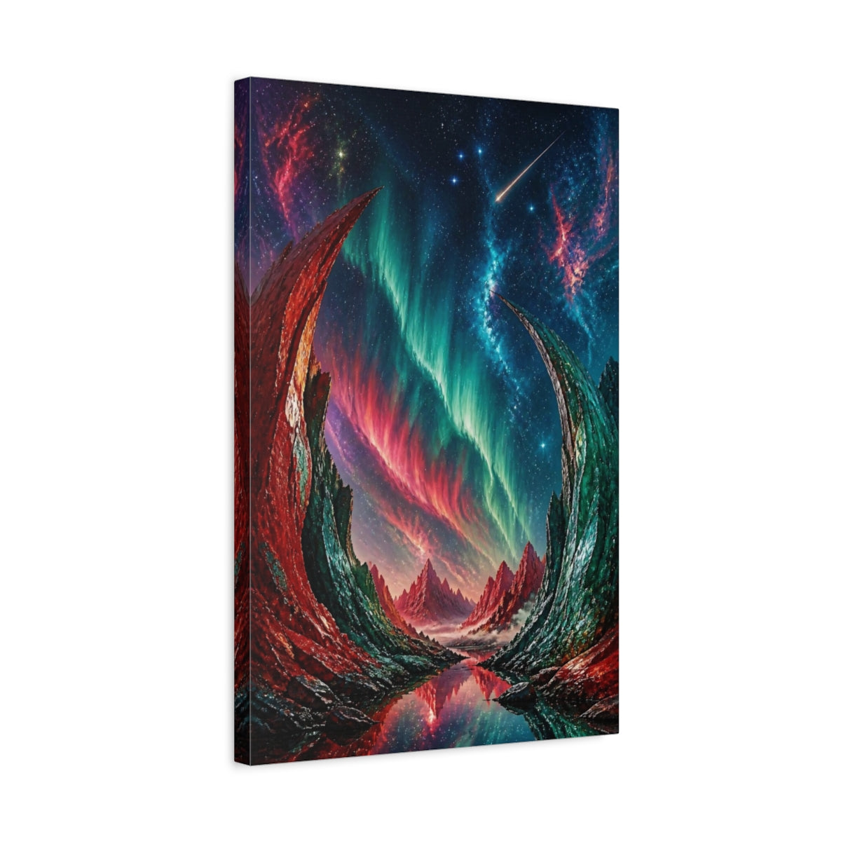 Side Mockup 3. Cosmic Aurora Mountains shown as canvas print