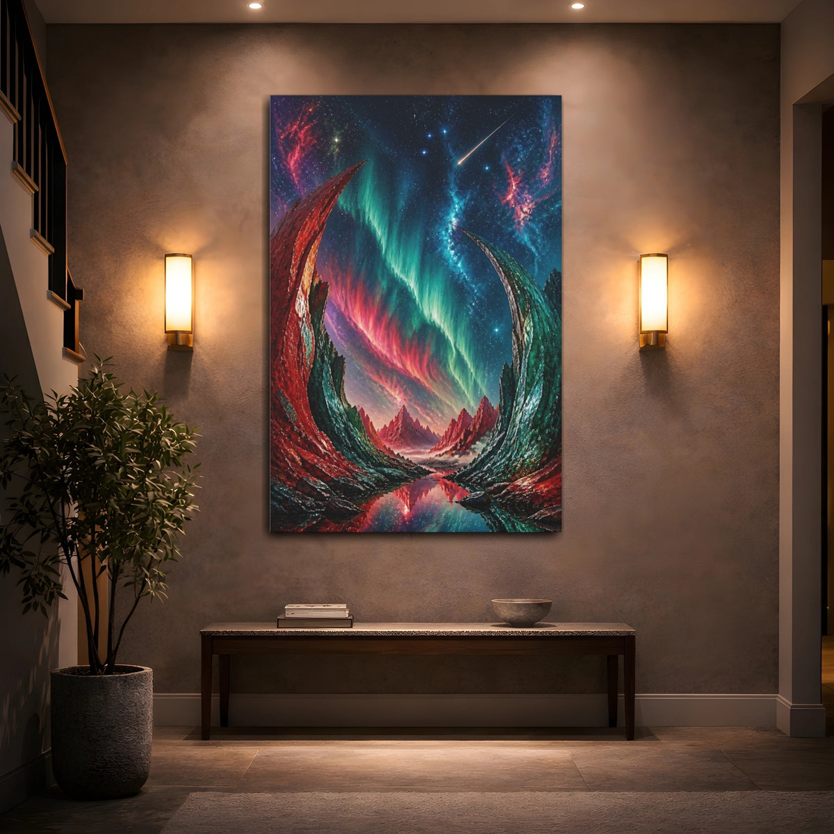 Mockup 2. Cosmic Aurora Mountains shown as canvas print