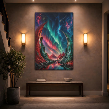 Mockup 2. Cosmic Aurora Mountains shown as canvas print