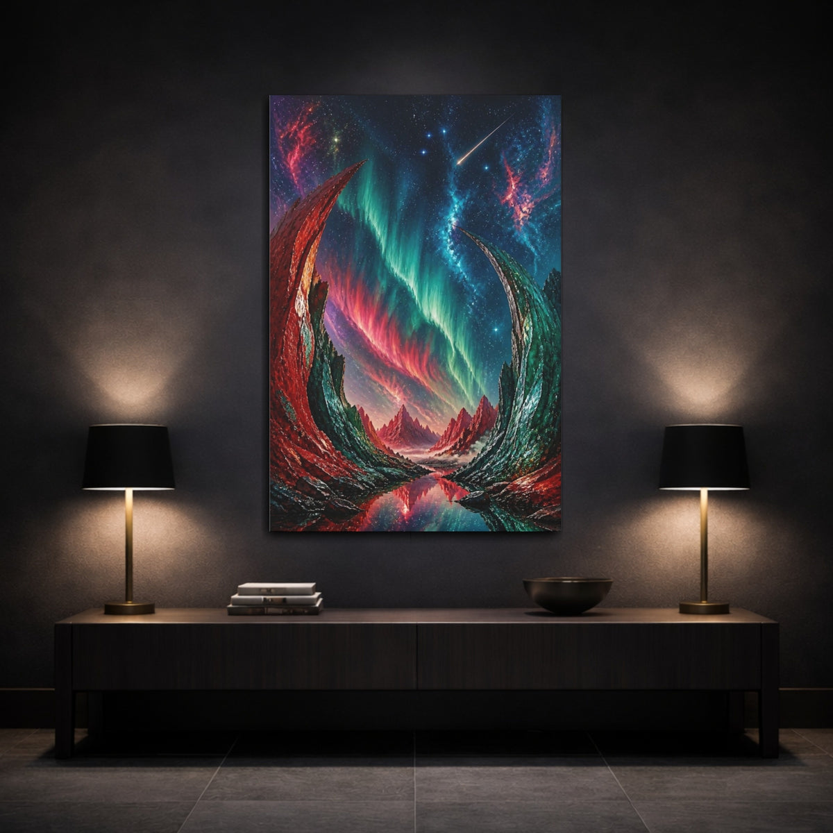 Mockup 3. Cosmic Aurora Mountains shown as canvas print
