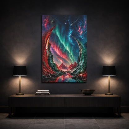 Mockup 3. Cosmic Aurora Mountains shown as canvas print
