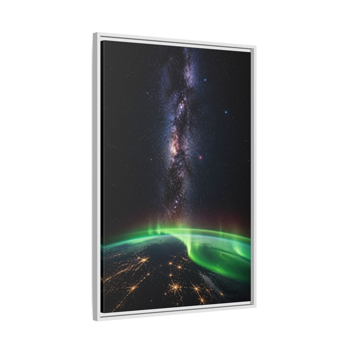 Side Mockup 9. Cosmic Aurora Over Earth shown as framed canvas print