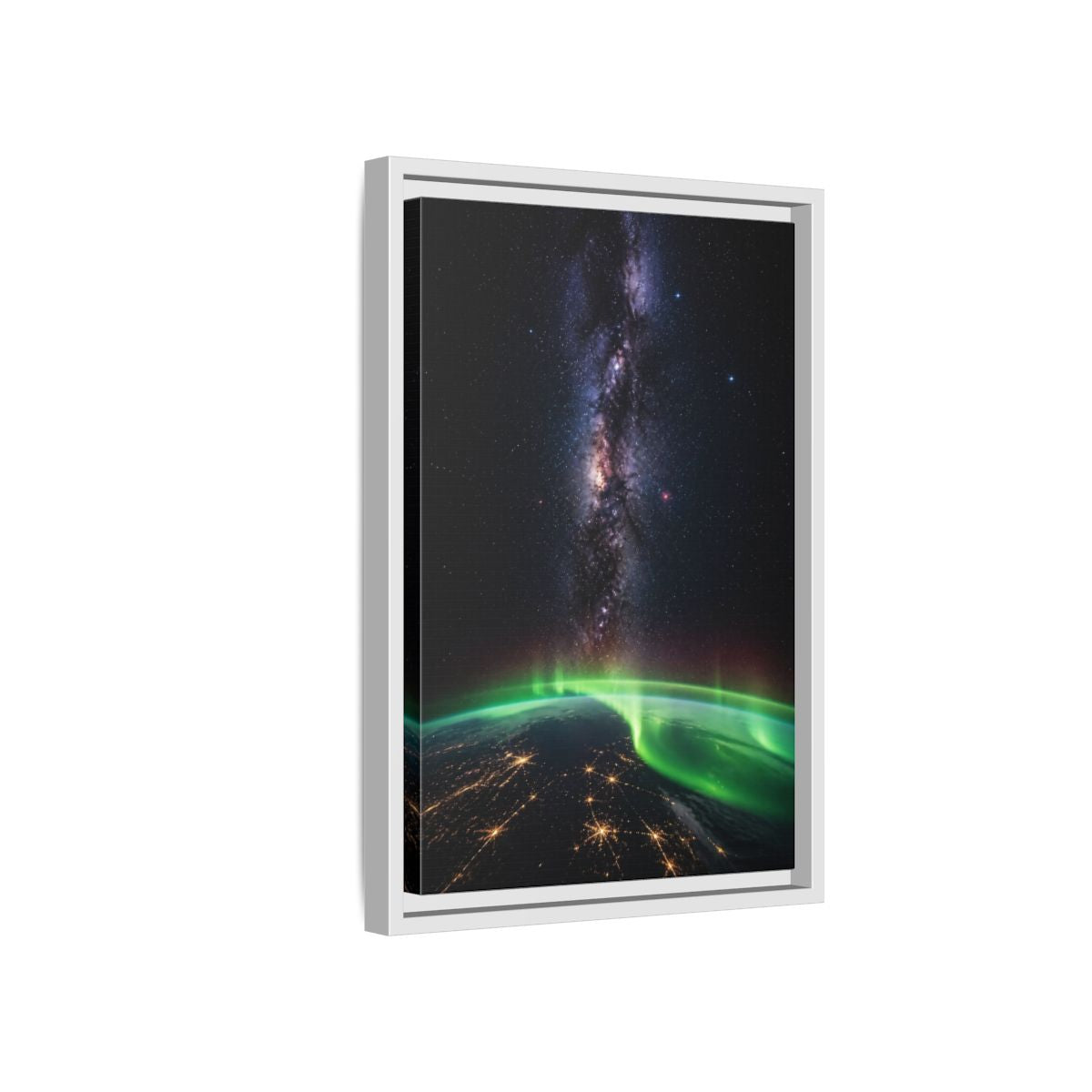 Side Mockup 4. Cosmic Aurora Over Earth shown as framed canvas print