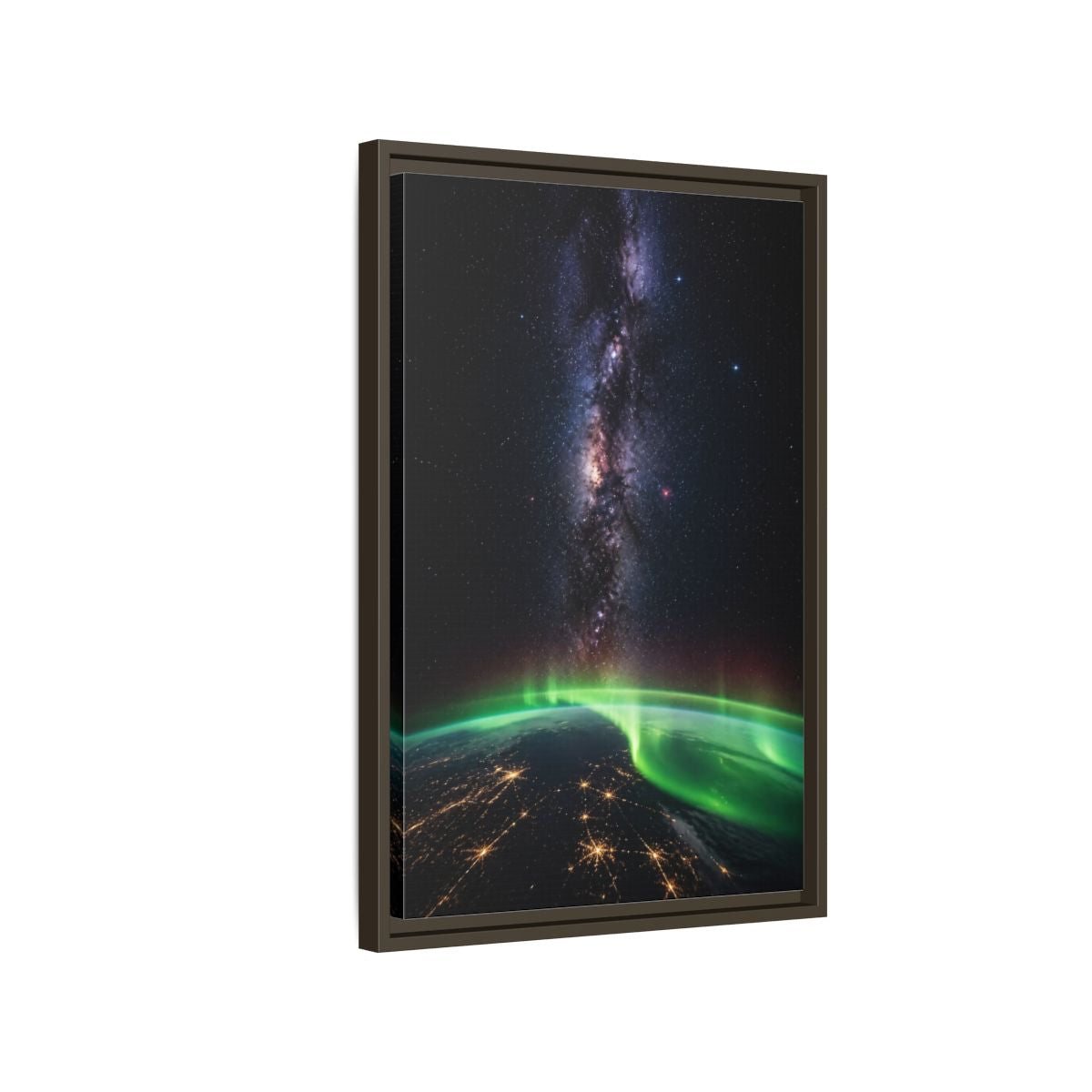 Side Mockup 2. Cosmic Aurora Over Earth shown as framed canvas print