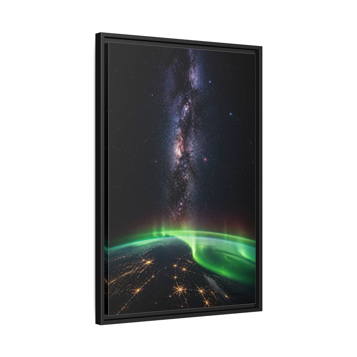Side Mockup 14. Cosmic Aurora Over Earth shown as framed canvas print