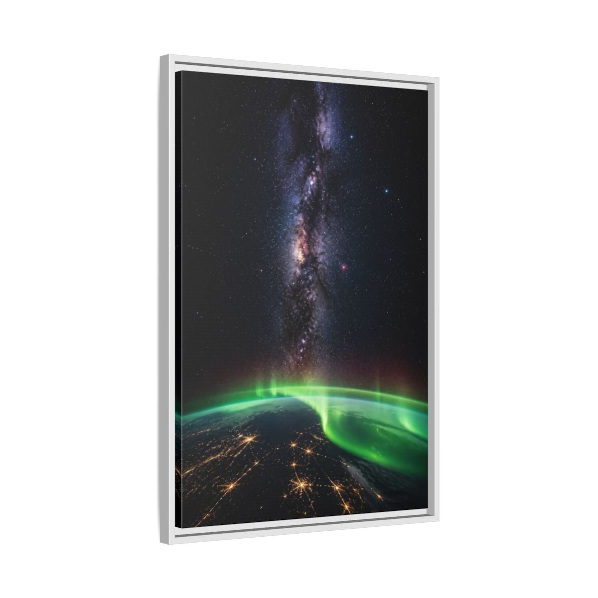 Side Mockup 10. Cosmic Aurora Over Earth shown as framed canvas print