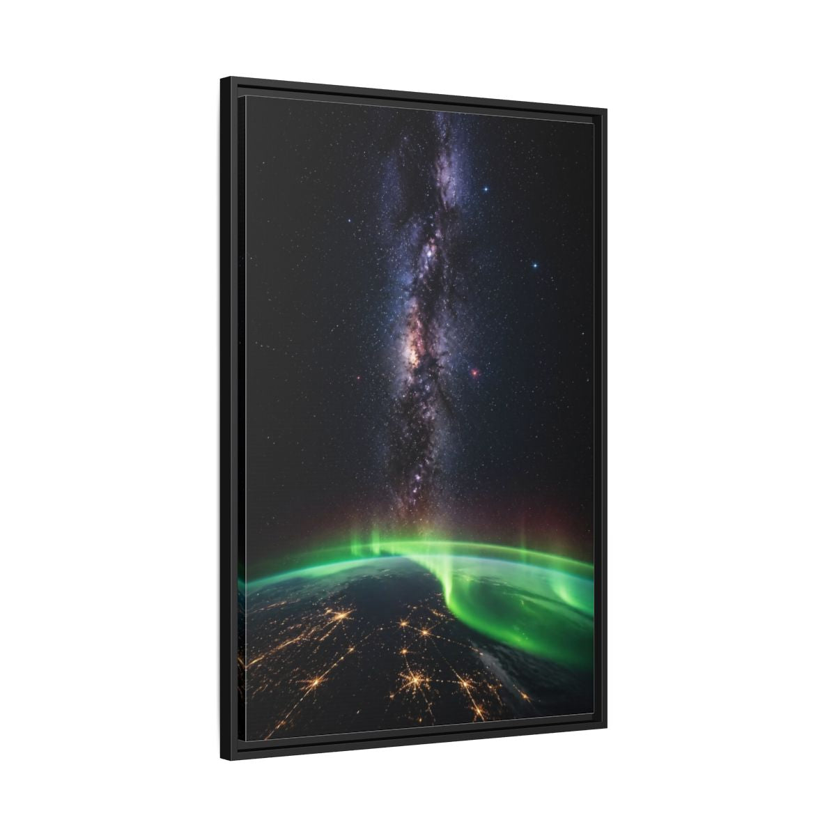 Side Mockup 13. Cosmic Aurora Over Earth shown as framed canvas print