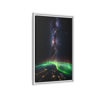 Side Mockup 1. Cosmic Aurora Over Earth shown as framed canvas print