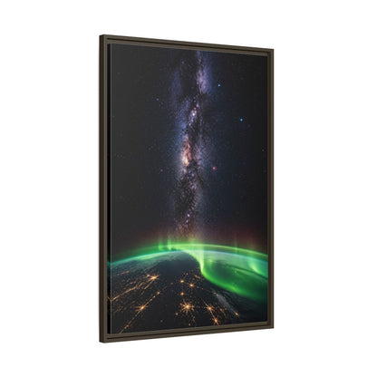 Main Mockup. Cosmic Aurora Over Earth shown as framed canvas print