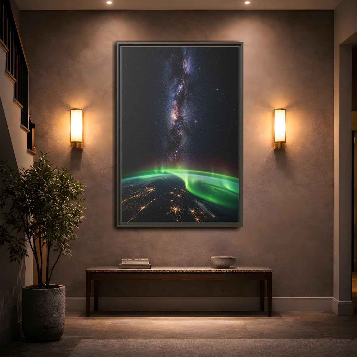 Mockup 2. Cosmic Aurora Over Earth shown as framed canvas print