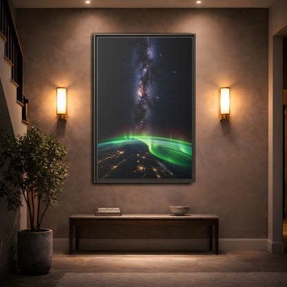 Mockup 2. Cosmic Aurora Over Earth shown as framed canvas print