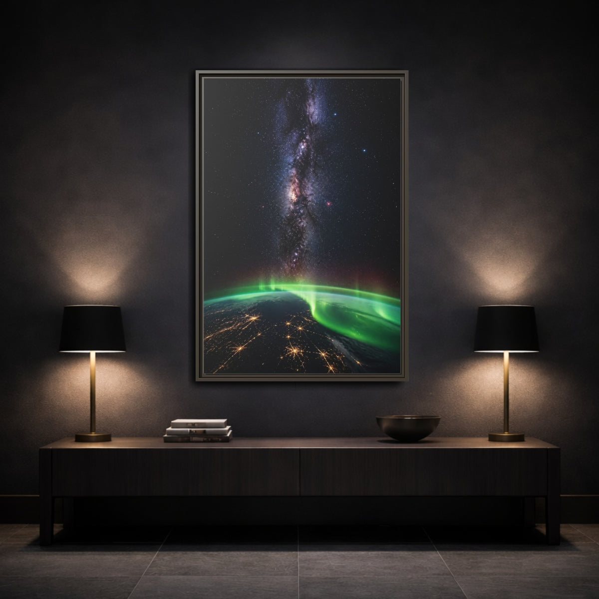 Mockup 3. Cosmic Aurora Over Earth shown as framed canvas print