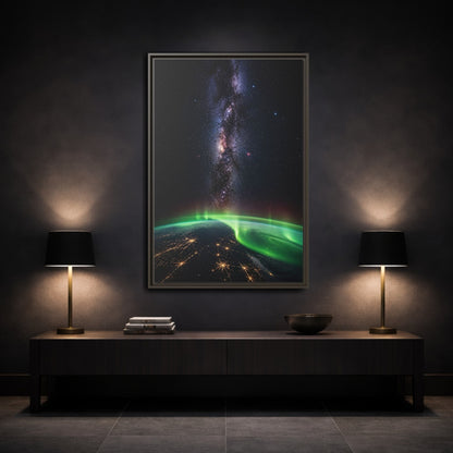 Mockup 3. Cosmic Aurora Over Earth shown as framed canvas print