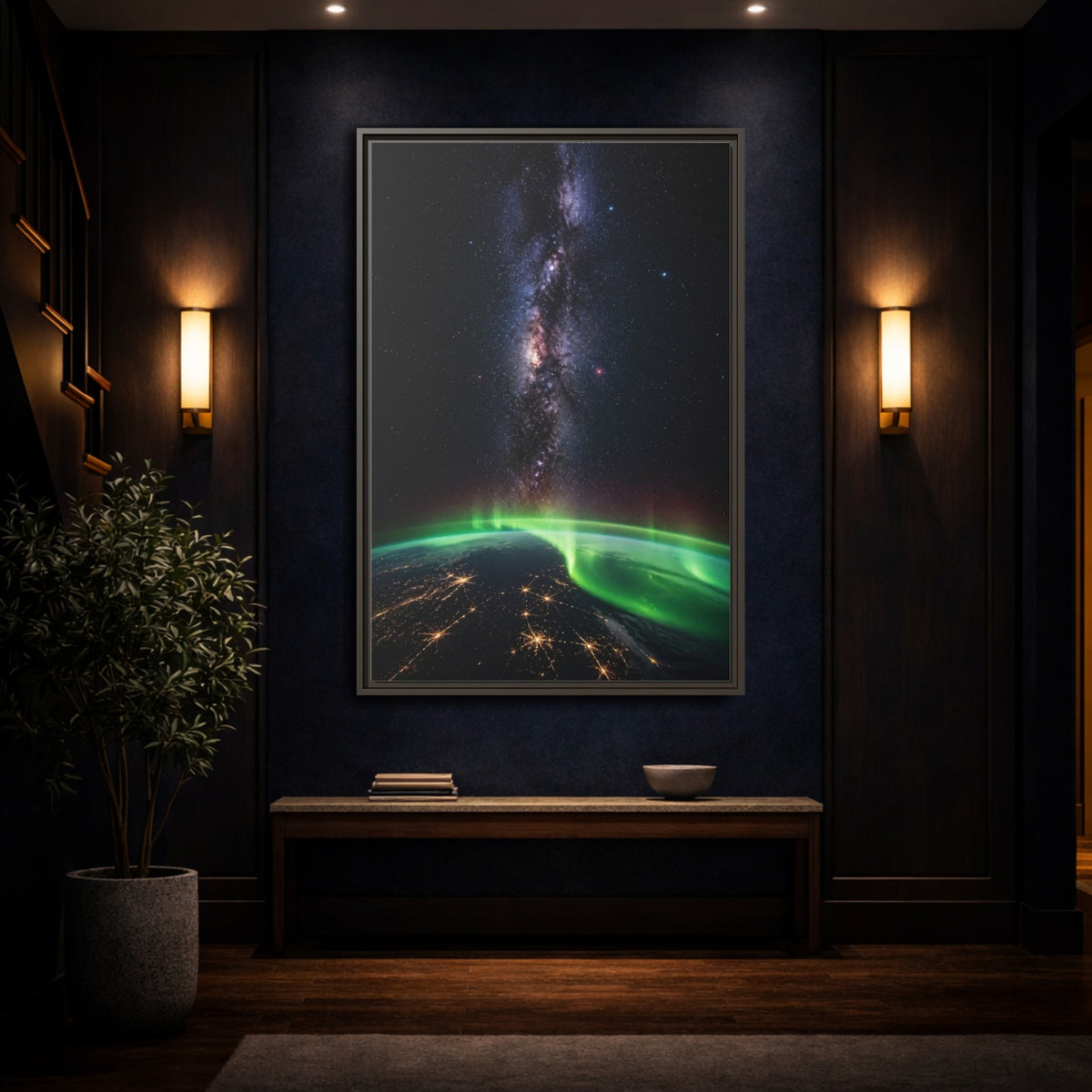Mockup 4. Cosmic Aurora Over Earth shown as framed canvas print