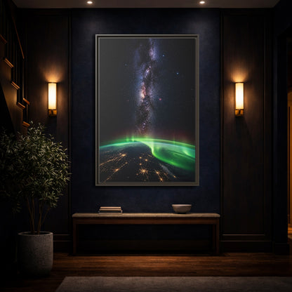 Mockup 4. Cosmic Aurora Over Earth shown as framed canvas print