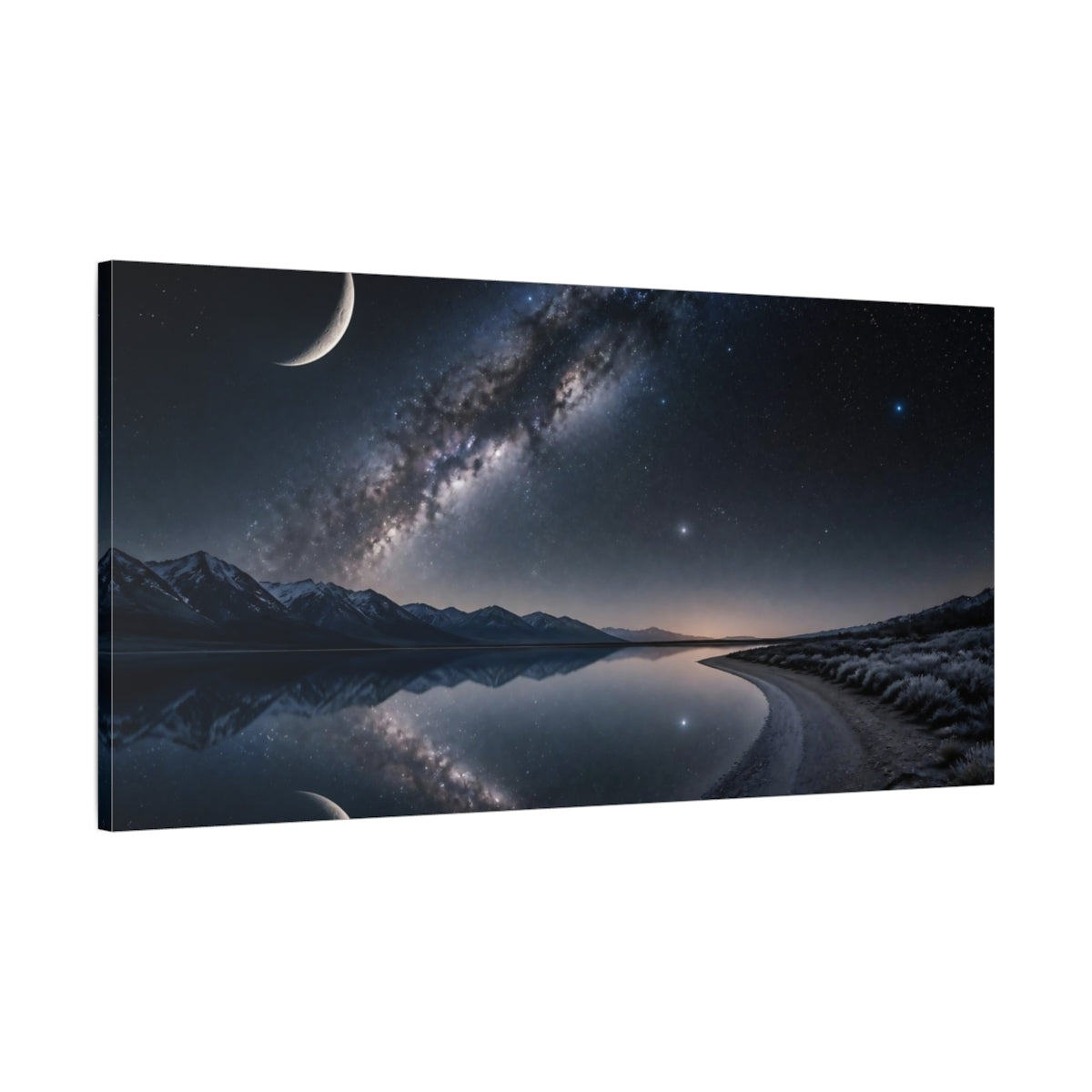 Main Mockup. Cosmic Crescent Moon Reflection shown as canvas print