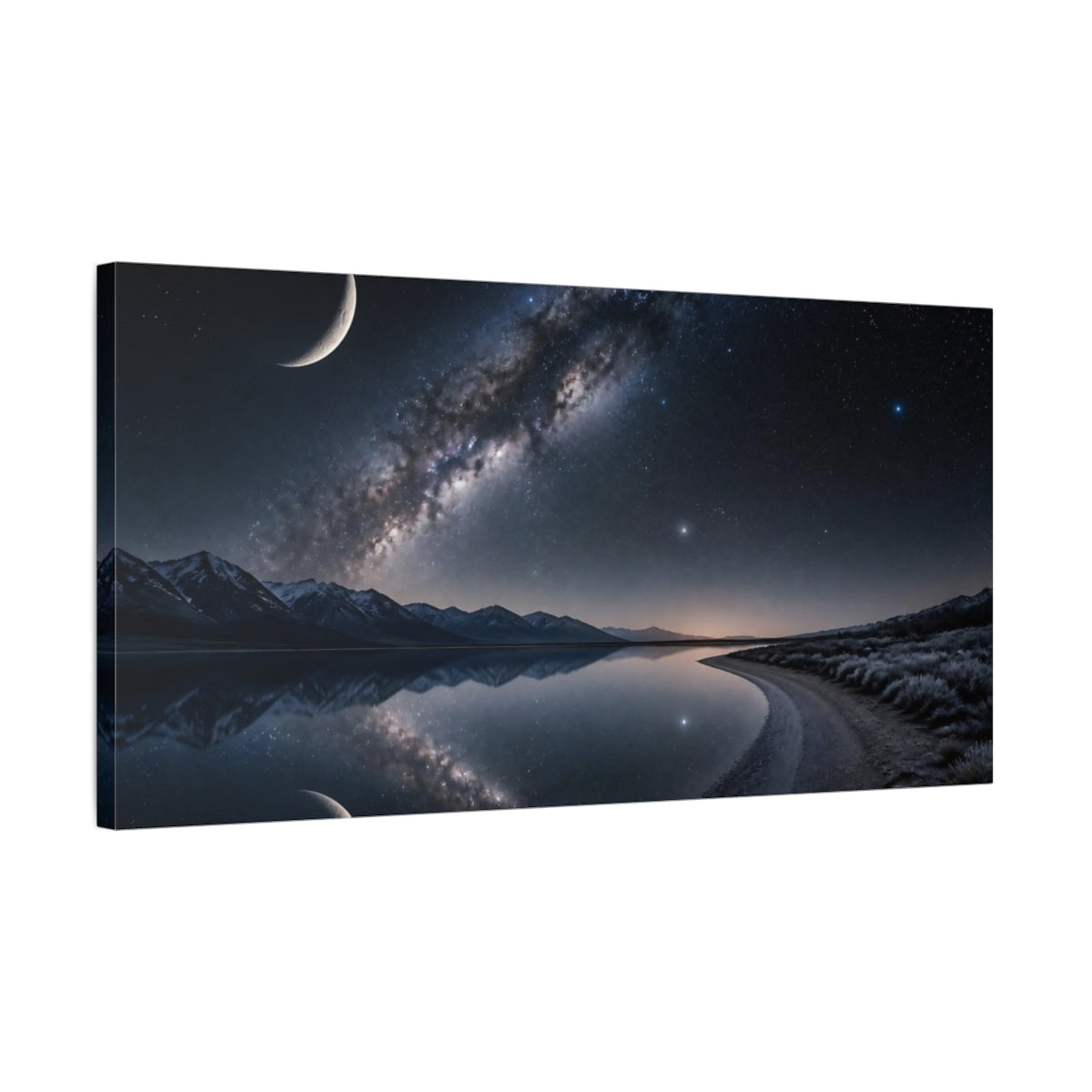 Side Mockup 1. Cosmic Crescent Moon Reflection shown as canvas print