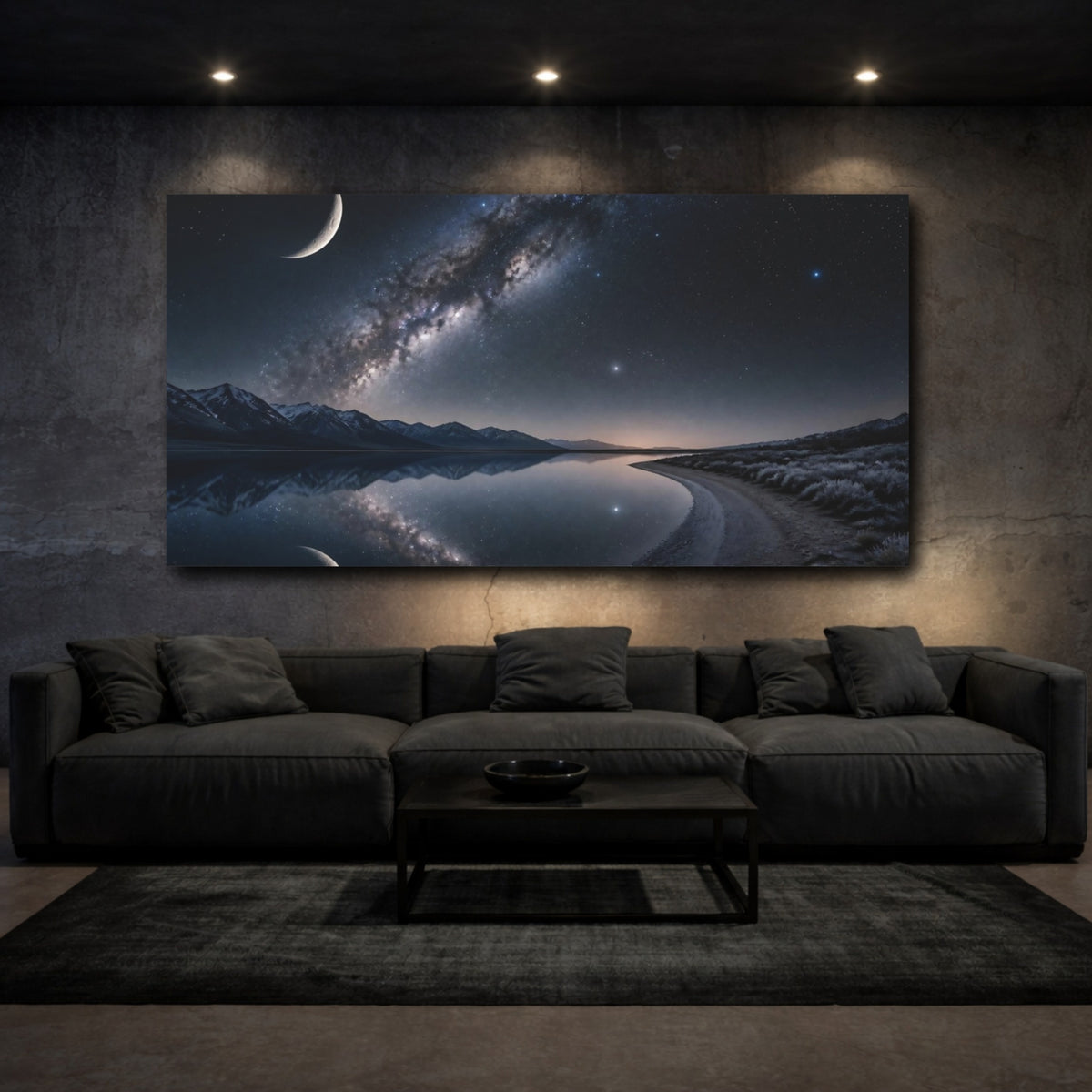 Mockup 3. Cosmic Crescent Moon Reflection shown as canvas print