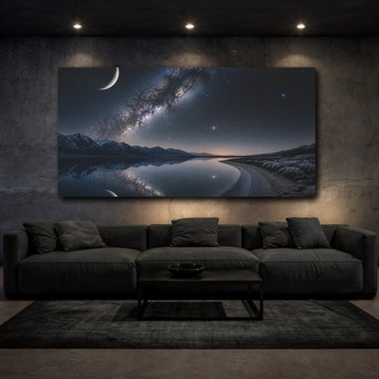 Mockup 3. Cosmic Crescent Moon Reflection shown as canvas print