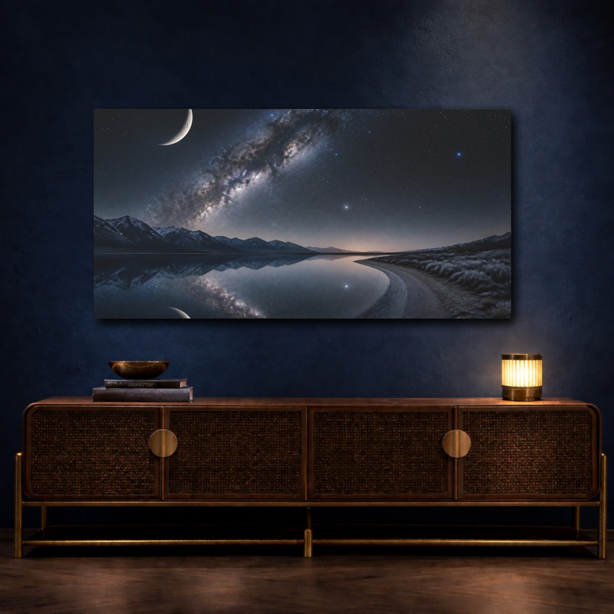 Mockup 4. Cosmic Crescent Moon Reflection shown as canvas print