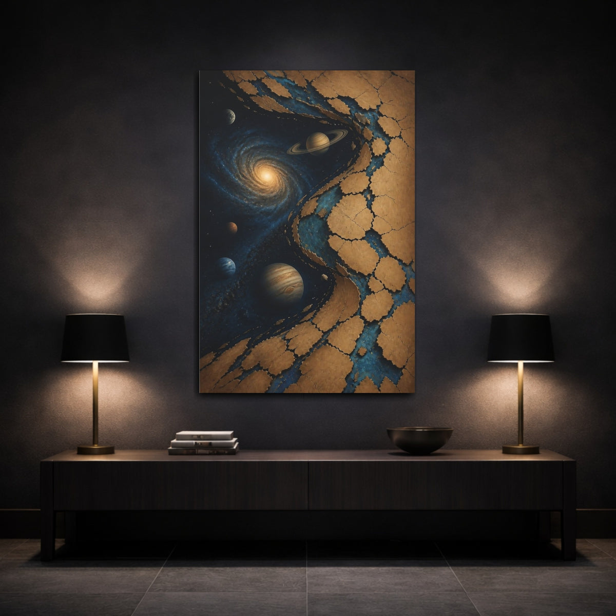 Mockup 3. Cosmic Ringed Planets shown as canvas print