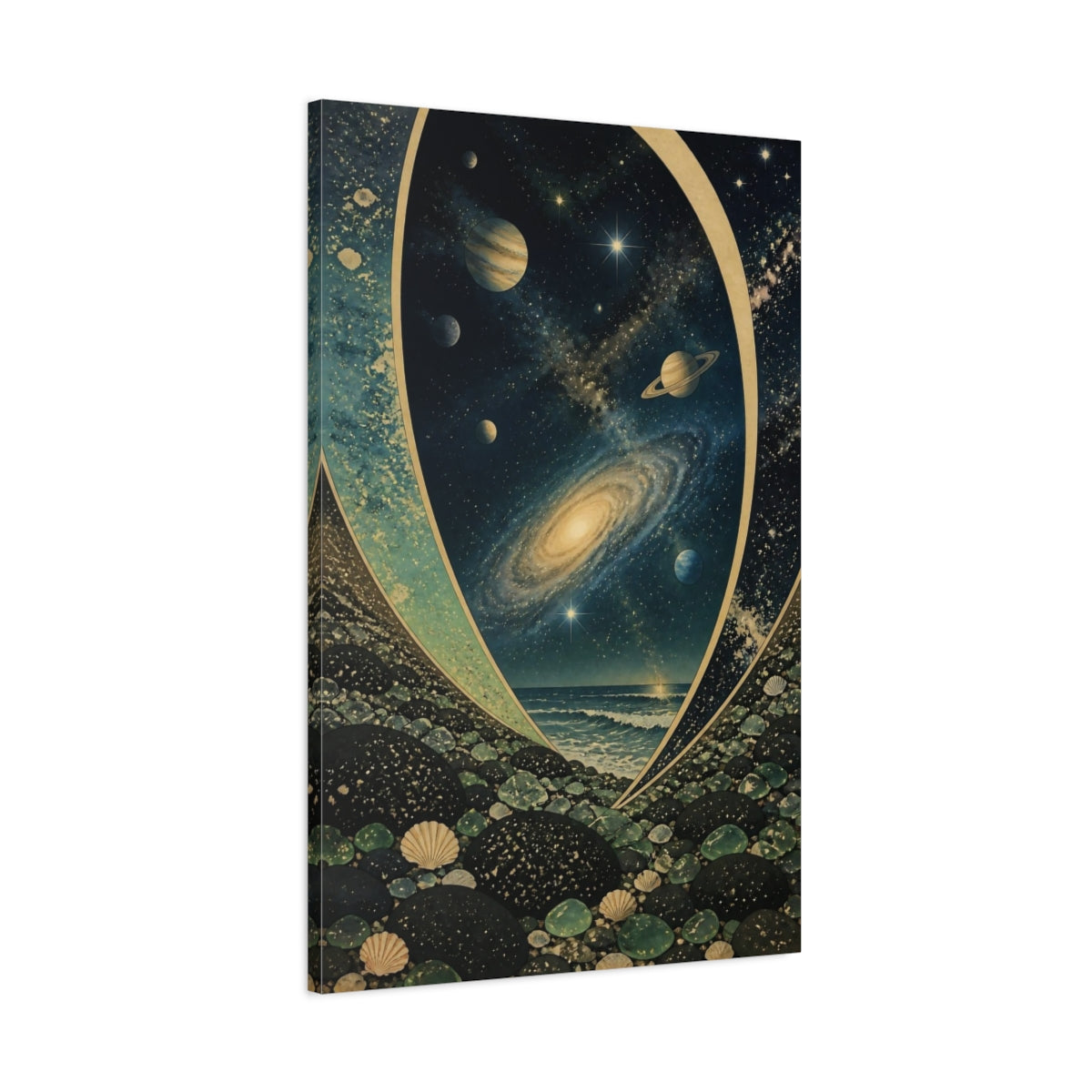 Main Mockup. Cosmic Seascape With Planets shown as canvas print