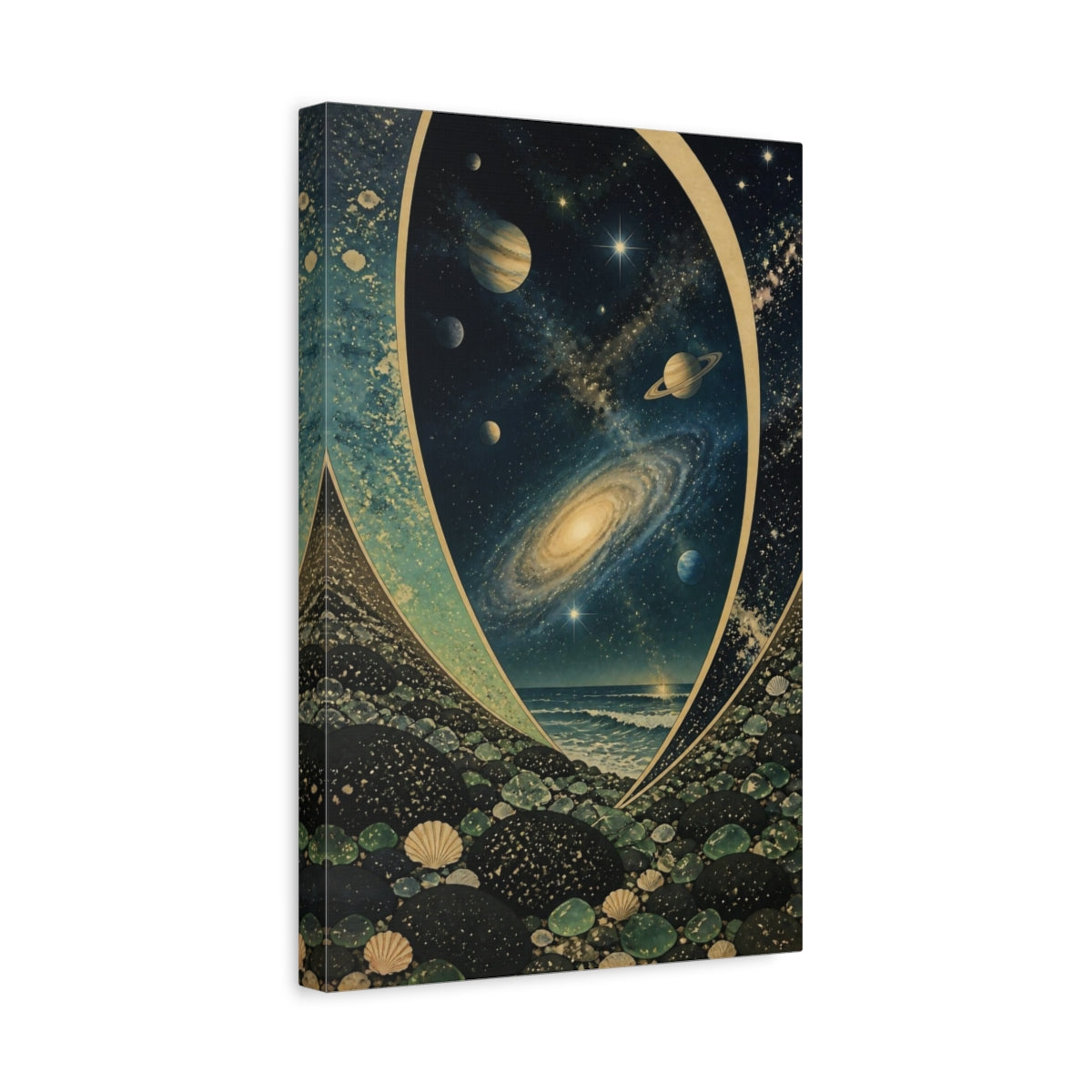 Side Mockup 4. Cosmic Seascape With Planets shown as canvas print
