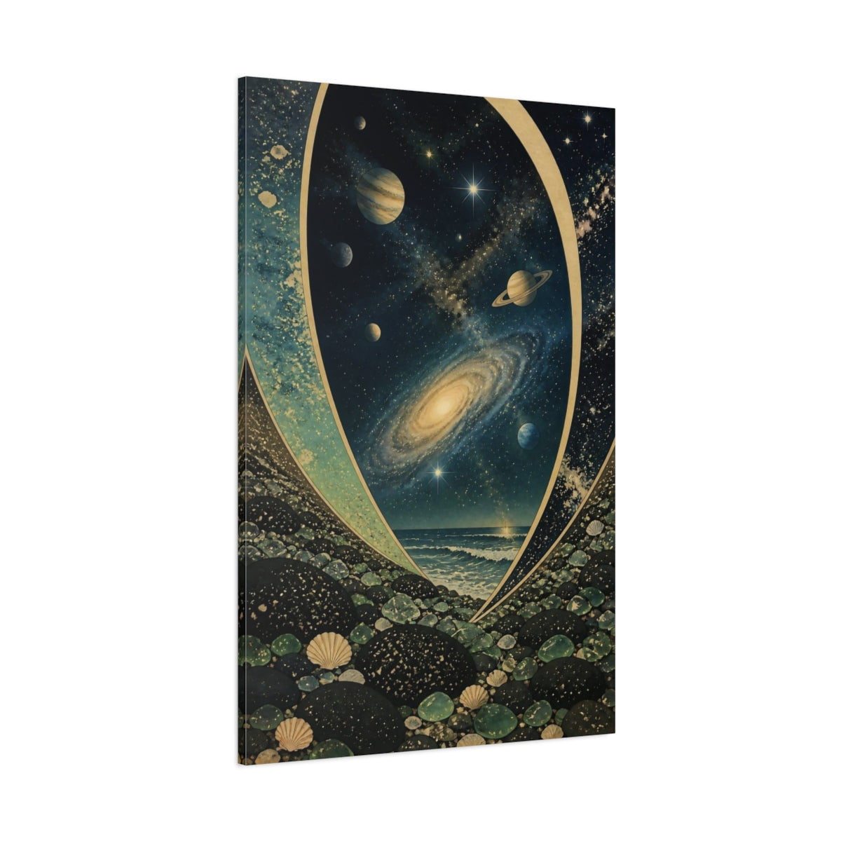 Side Mockup 1. Cosmic Seascape With Planets shown as canvas print