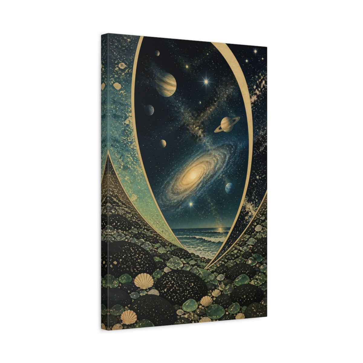 Side Mockup 3. Cosmic Seascape With Planets shown as canvas print