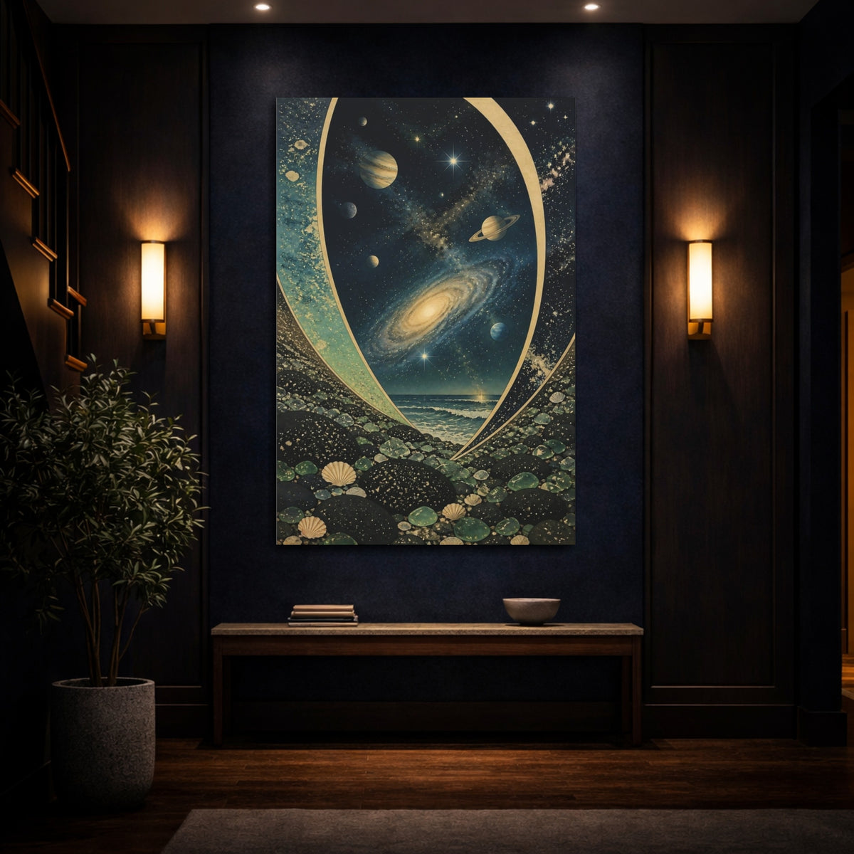 Mockup 4. Cosmic Seascape With Planets shown as canvas print