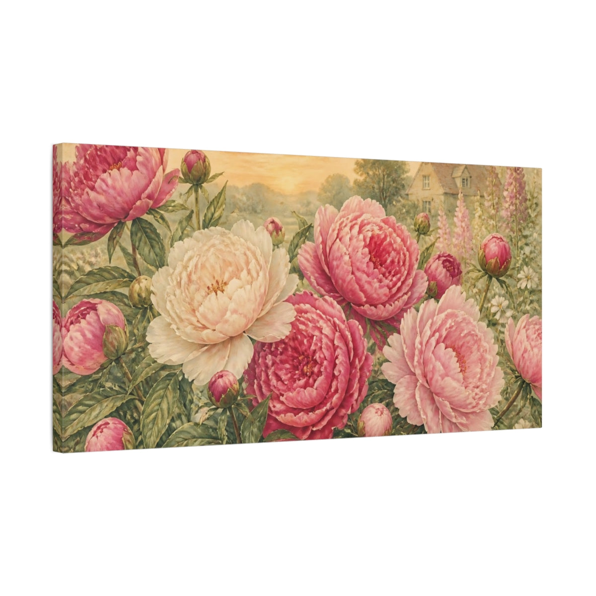 Side Mockup 1. Cottage Garden Peonies shown as canvas print
