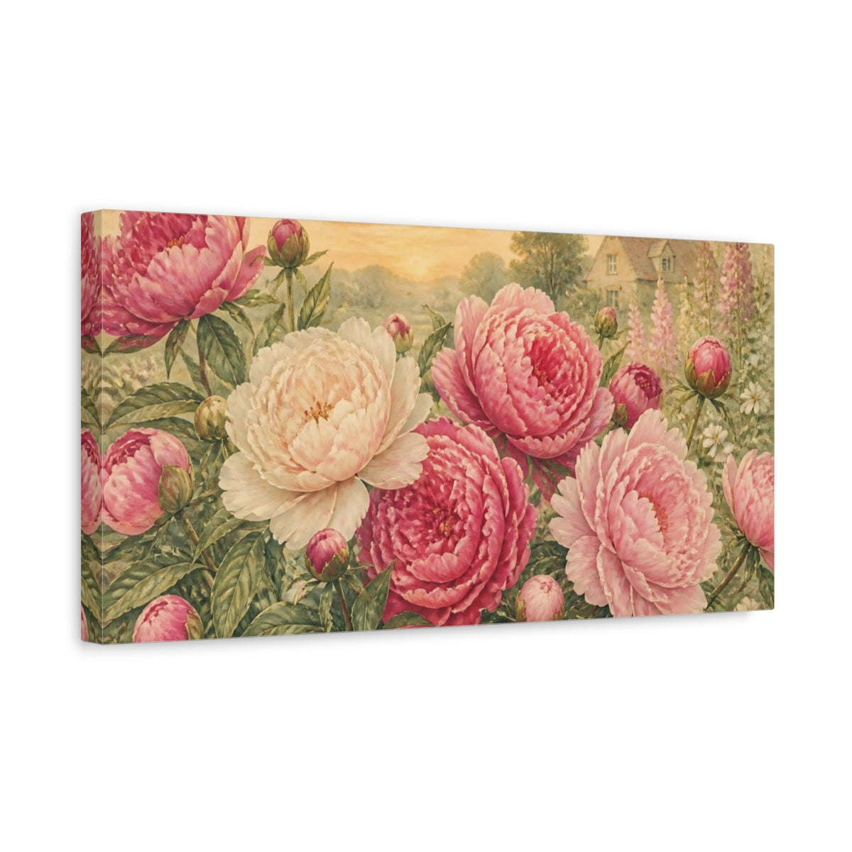 Side Mockup 3. Cottage Garden Peonies shown as canvas print